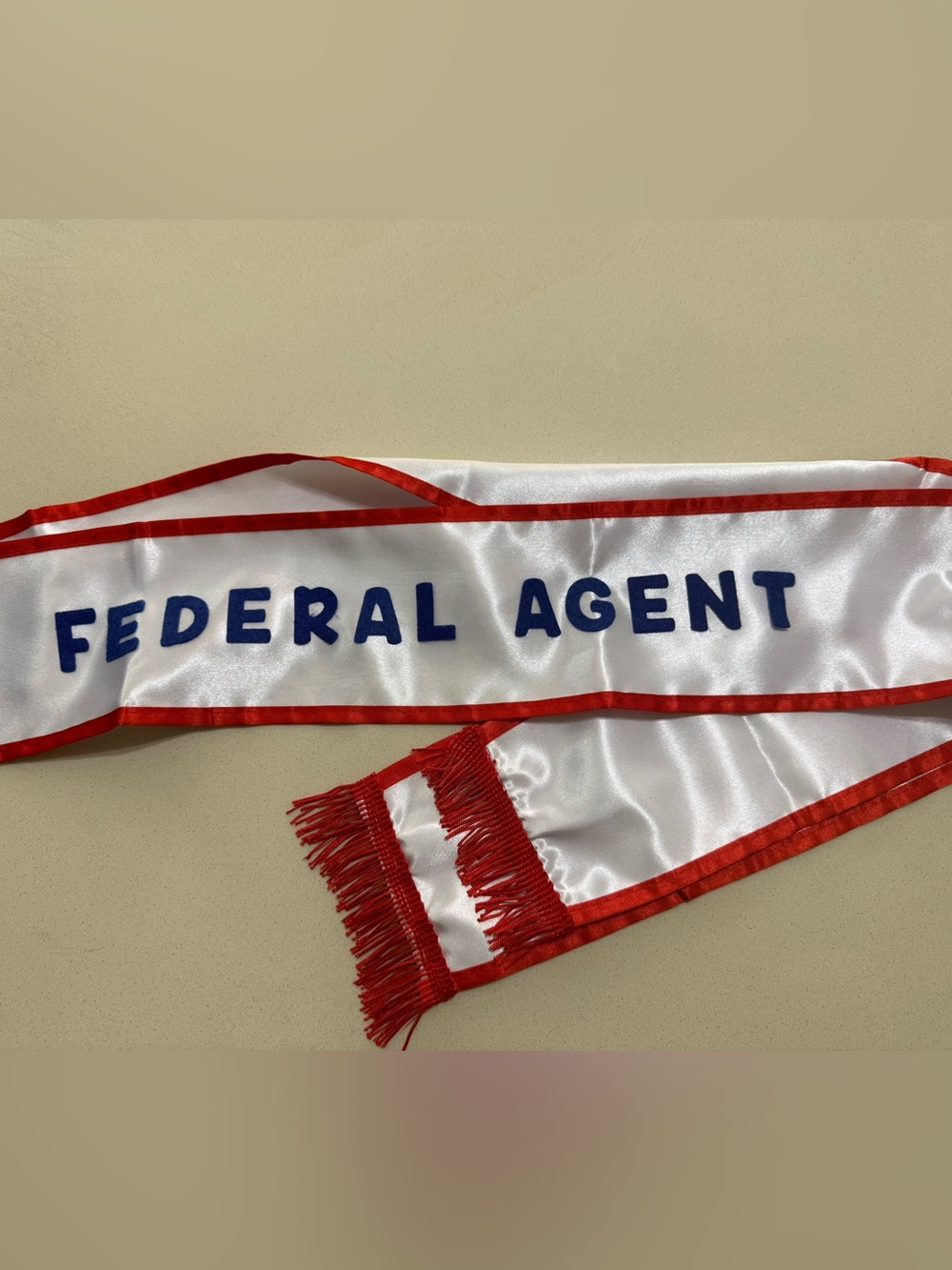 Miss Congeniality- White Satin Sash with Blue Lettering and Red Trim